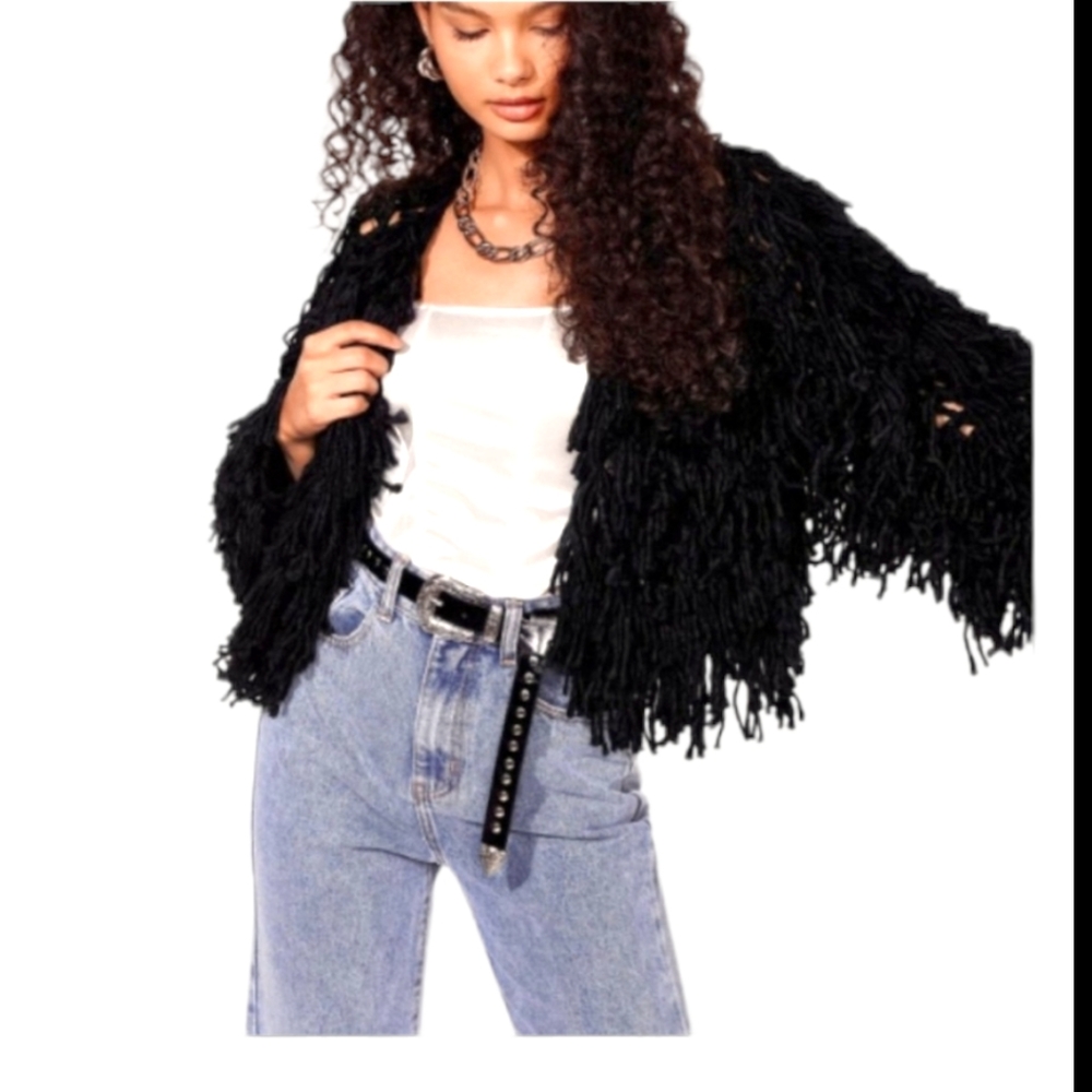 🌺Nasty Gal Bad Romance Shaggy Open Knit Cardigan size Small Black